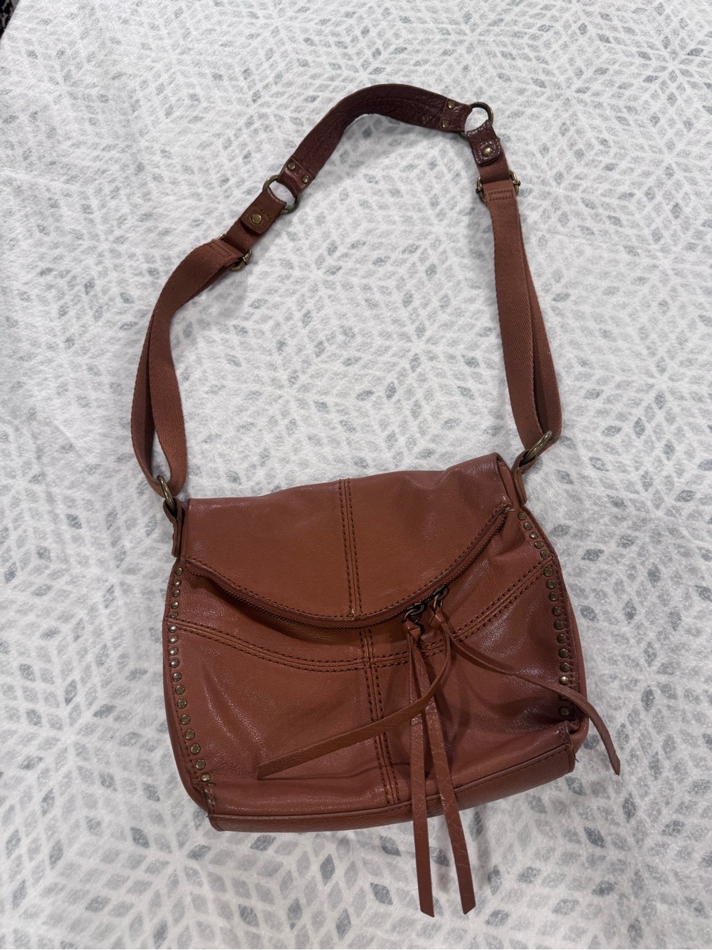 The Sak Cognac Brown Leather Crossbody Bag Studded Boho Tassel Zip Purse - Picture 4 of 13